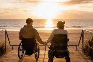 Twee mensen in een rolstoel kijken samen naar de zonsondergang aan zee